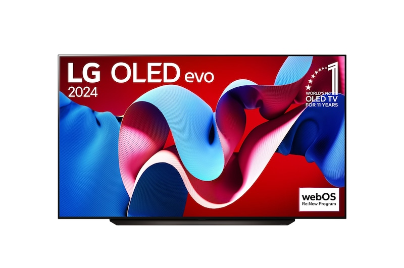 Вид спереди на телевизор LG OLED evo, OLED C4, эмблему «OLED №1 в течение 11 лет» и logo программы webOS Re:New на экране