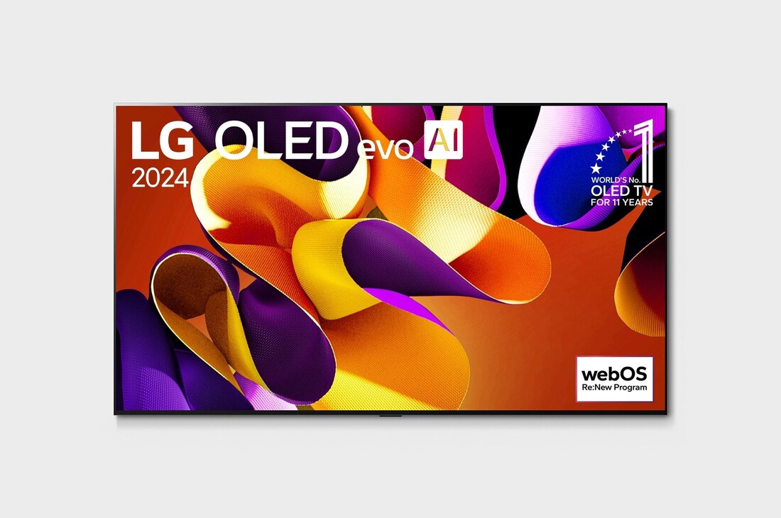 Вид спереди на телевизор LG OLED evo, OLED G4, вид на эмблему «OLED №1 в течение 11 лет» на экране, а также на расположенную ниже звуковую панель