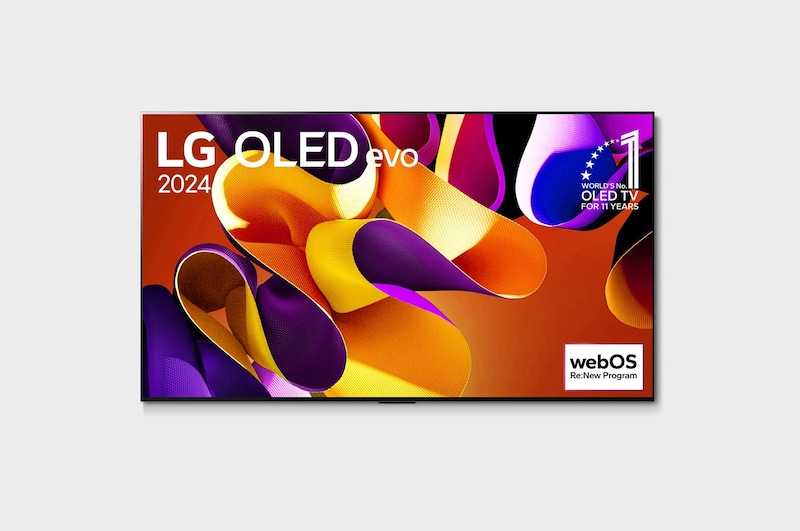 Вид спереди на телевизор LG OLED evo, OLED G4, эмблема «OLED №1 в течение 11 лет» на экране
