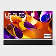 Вид спереди на телевизор LG OLED evo c искусственным интеллектом, OLED G4, эмблему «OLED №1 в мире в течение 11 лет» и логотип программы webOS Re:New Program на экране, а также на расположенную ниже звуковую панель