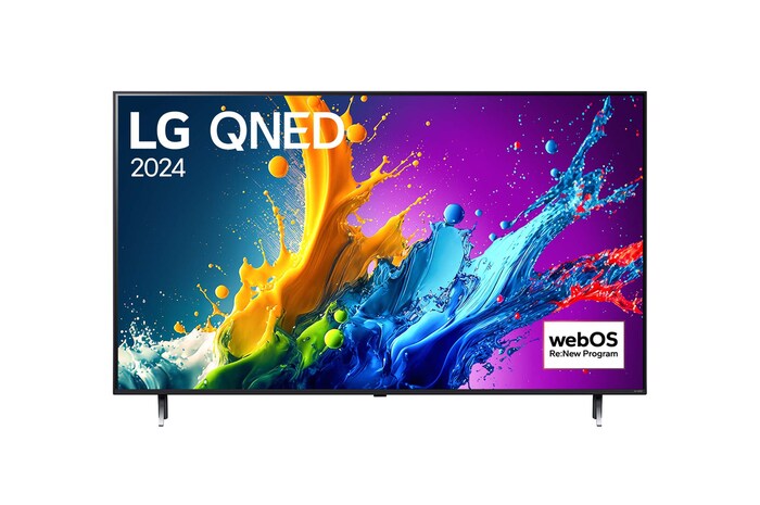 Вид спереди на телевизор LG QNED, QNED80 с текстом LG QNED, 2024 и логотипом webOS Re:New Program на экране