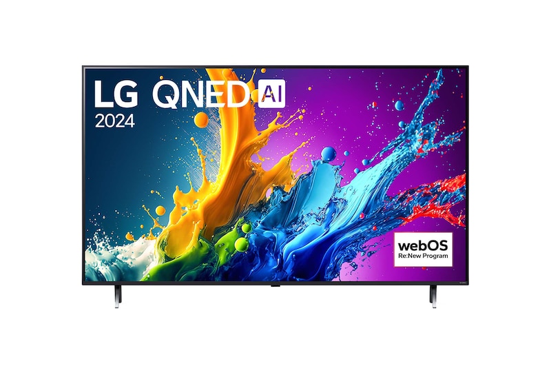 Вид спереди на телевизор LG QNED, QNED80 с текстом LG QNED, 2024 и логотипом webOS Re:New Program на экране
