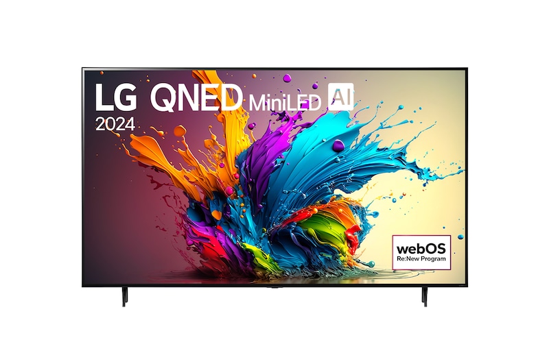 Вид спереди на телевизор LG QNED, QNED90 с текстом LG QNED MiniLED, 2024 и логотипом webOS Re:New Program на экране