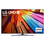 Вид спереди на телевизор LG UHD, UT81 с текстом LG UHD AI ThinQ, 2024 и логотипом webOS Re:New Program на экране