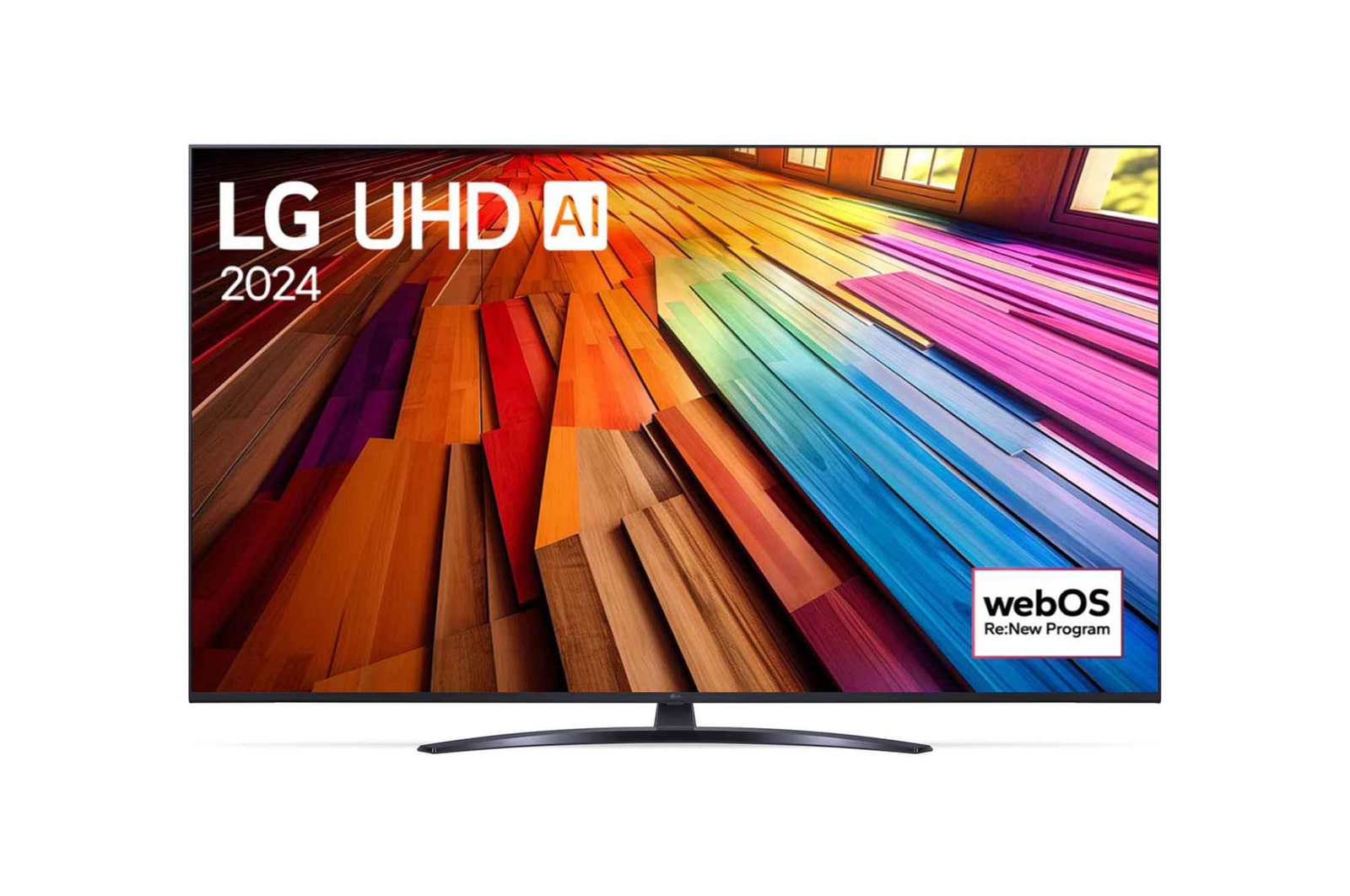 Вид спереди на телевизор LG UHD, UT81 с текстом LG UHD AI ThinQ, 2024 и логотипом webOS Re:New Program на экране
