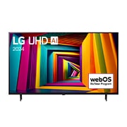 Вид спереди на телевизор LG UHD, UT90 с текстом LG UHD AI ThinQ, 2024 и логотипом webOS Re:New Program на экране