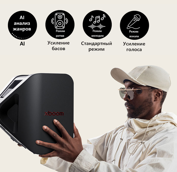 will.i.am in white outfit and white cap is holding xboom Stage 301 with his both arms to his face.