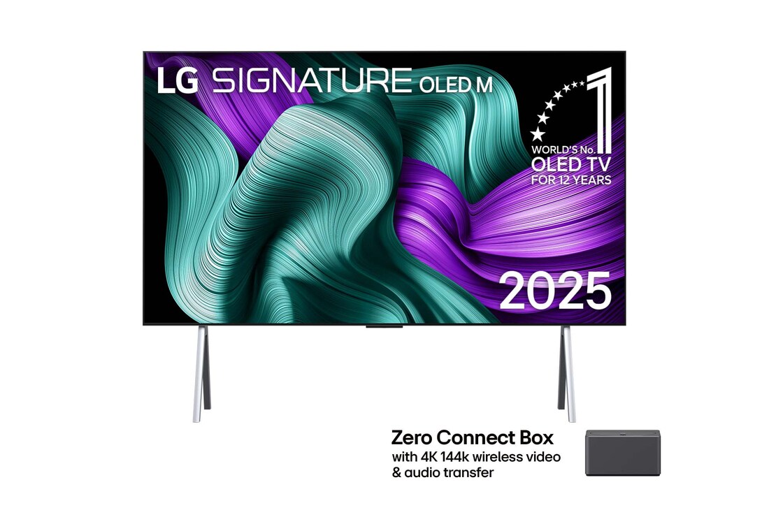 Вид спереди на телевизор LG OLED M5 TV. На экране показаны эмблема «12 лет №1 в мире среди OLED» и логотип LG OLED evo AI 2025. Приставка для нулевого подключения в углу с заголовком: Приставка для нулевого подключения с беспроводной передачей видео 144Hz 4K и аудио