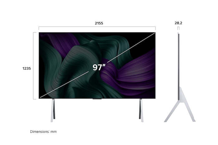 Вид спереди и вид сбоку на телевизор LG OLED M5 TV с отображением его длины, ширины, высоты и глубины.