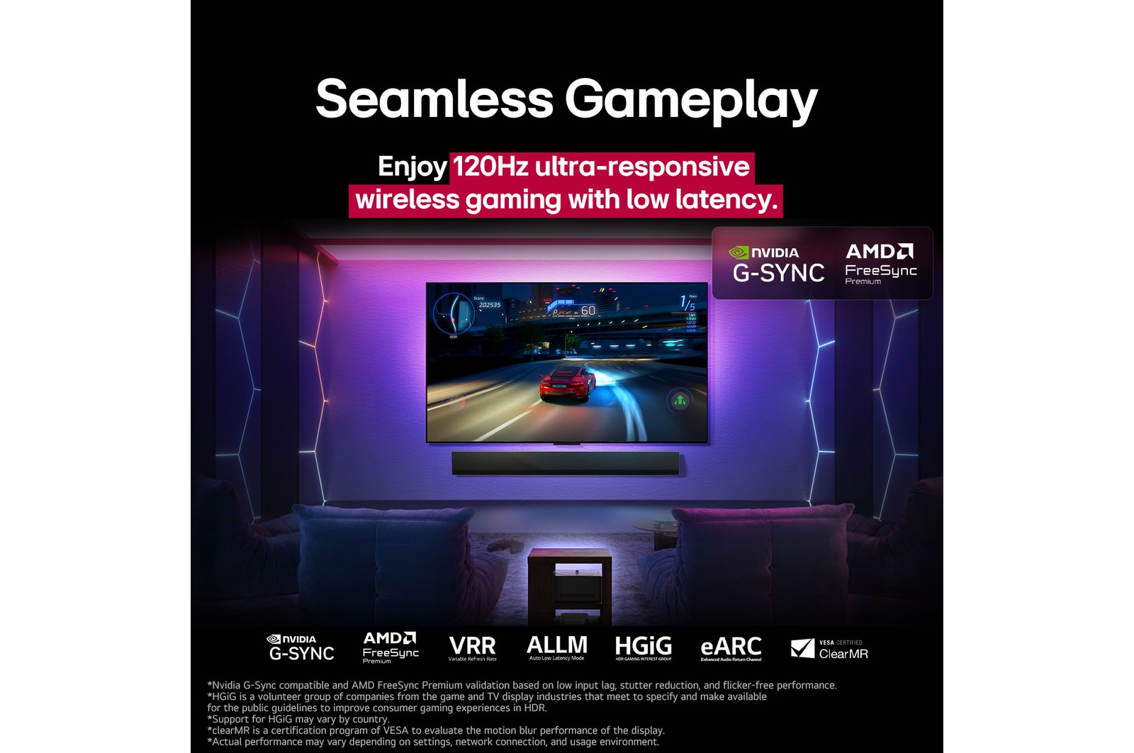 На экране телевизора LG OLED M5 TV играют в игру, демонстрируя плавный и беспроблемный игровой процесс. Видна приставка для нулевого подключения, которая хорошо вписывается в интерьер комнаты. Видны игровые сертификации. Текст описывает сверхотзывчивый беспроводной гейминг с частотой 120Hz и низкой задержкой.