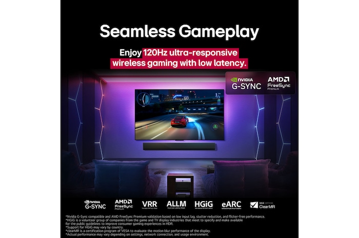 На экране телевизора LG OLED M5 TV играют в игру, демонстрируя плавный и беспроблемный игровой процесс. Видна приставка для нулевого подключения, которая хорошо вписывается в интерьер комнаты. Видны игровые сертификации. Текст описывает сверхотзывчивый беспроводной гейминг с частотой 120Hz и низкой задержкой.