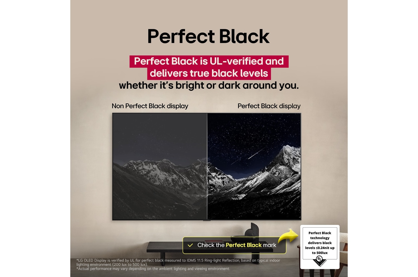 Гостиная с закрепленным на стене LG OLED TV. На телевизоре изображение горного массива на фоне вечернего темного неба со звездами. Изображение разделено пополам для показа насыщенности настоящего черного цвета благодаря технологии «Идеальный черный», независимо от яркости или темноты фона. На одной стороне изображения — затемненная сероватая версия пейзажа под названием «Матовый дисплей». На другой — более эстетичная картинка с более широким диапазоном черного и белого. Название — «Идеальный черный дисплей». Также представлен сертификат логотипа: «Технология «Идеальный черный» обеспечивает уровень черного как минимум 0,24 нит до 500 Лк». Рядом облачко с текстом: «Проверьте знак качества «Идеальный черный»».