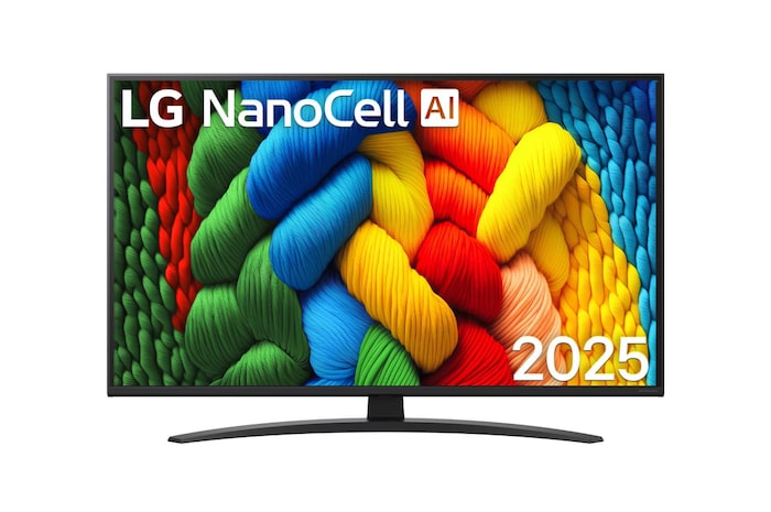 Вид спереди на телевизор NanoCell, логотип LG NanoCell AI в верхнем углу. Телевизор LG NanoCell NANO80 TV отображает красочные текстуры, напоминающие мазки краски, сливающиеся воедино.