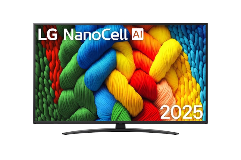 Вид спереди на телевизор NanoCell, логотип LG NanoCell AI в верхнем углу. Телевизор LG NanoCell NANO80 TV отображает красочные текстуры, напоминающие мазки краски, сливающиеся воедино.
