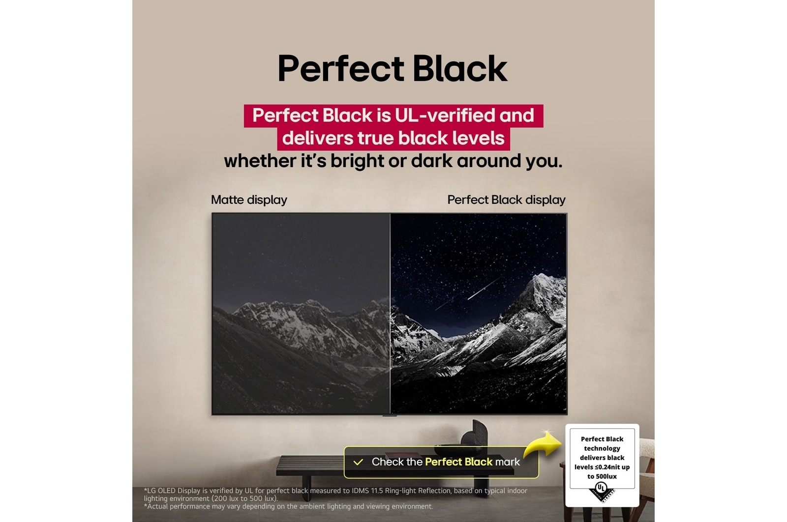 Гостиная с закрепленным на стене LG OLED TV. На телевизоре изображение горного массива на фоне вечернего темного неба со звездами. Изображение разделено пополам для показа насыщенности настоящего черного цвета благодаря технологии «Идеальный черный», независимо от яркости или темноты фона. На одной стороне изображения — затемненная сероватая версия пейзажа под названием «Матовый дисплей». На другой — более эстетичная картинка с более широким диапазоном черного и белого. Название — «Идеальный черный дисплей». Также представлен сертификат логотипа: «Технология «Идеальный черный» обеспечивает уровень черного как минимум 0,24 нит до 500 Лк». Рядом облачко с текстом: «Проверьте знак качества «Идеальный черный»».