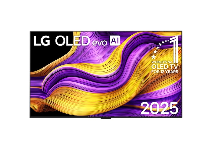 Вид спереди на телевизор Smart TV LG OLED evo AI G5 4K. На экране показаны эмблема «12 лет №1 в мире среди OLED» и логотип LG OLED evo AI 2025.