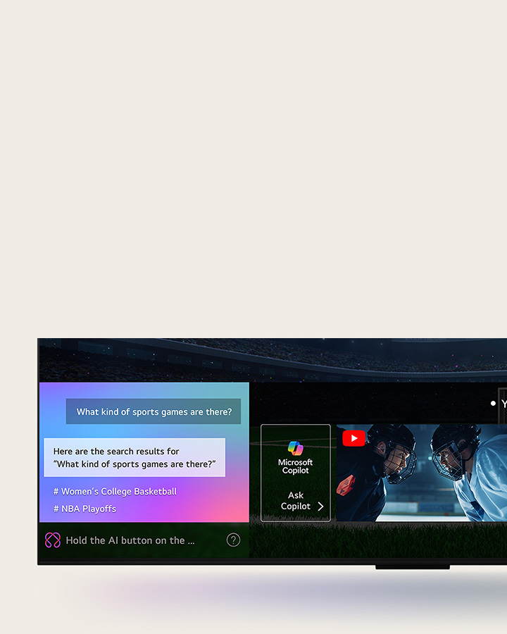 Крупный план экрана телевизора LG OLED TV, показывающего, как работает функция AI Search. Открывается маленькое окно чата, которое показывает, как пользователь спрашивает о доступных спортивных играх. Поиск AI Search генерирует ответы в чате, показывая пиктограммы доступного контента. Также есть подсказка для запроса с Microsoft Copilot. 