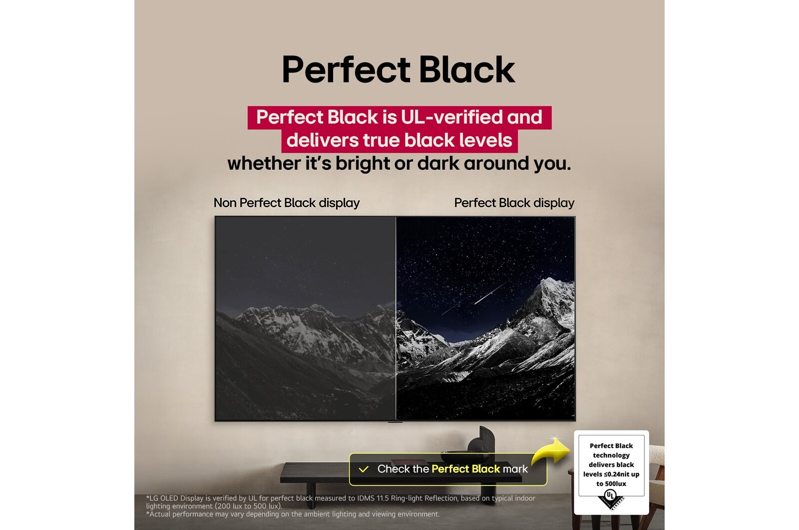 Гостиная с закрепленным на стене LG OLED TV. На телевизоре изображение горного массива на фоне вечернего темного неба со звездами. Изображение разделено пополам для показа насыщенности настоящего черного цвета благодаря технологии «Идеальный черный», независимо от яркости или темноты фона. На одной стороне изображения — затемненная сероватая версия пейзажа под названием «Матовый дисплей». На другой — более эстетичная картинка с более широким диапазоном черного и белого. Название — «Идеальный черный дисплей». Также представлен сертификат логотипа: «Технология «Идеальный черный» обеспечивает уровень черного как минимум 0,24 нит до 500 Лк». Рядом облачко с текстом: «Проверьте знак качества «Идеальный черный»».