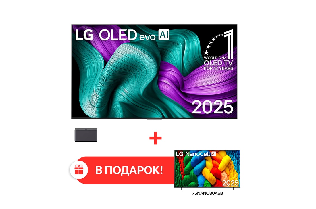 Вид спереди на телевизор LG OLED M5 TV. На экране показаны эмблема «12 лет №1 в мире среди OLED» и логотип LG OLED evo AI 2025. Приставка для нулевого подключения в углу с заголовком: Приставка для нулевого подключения с беспроводной передачей видео 144Hz 4K и аудио