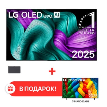 Вид спереди на телевизор LG OLED M5 TV. На экране показаны эмблема «12 лет №1 в мире среди OLED» и логотип LG OLED evo AI 2025. Приставка для нулевого подключения в углу с заголовком: Приставка для нулевого подключения с беспроводной передачей видео 144Hz 4K и аудио