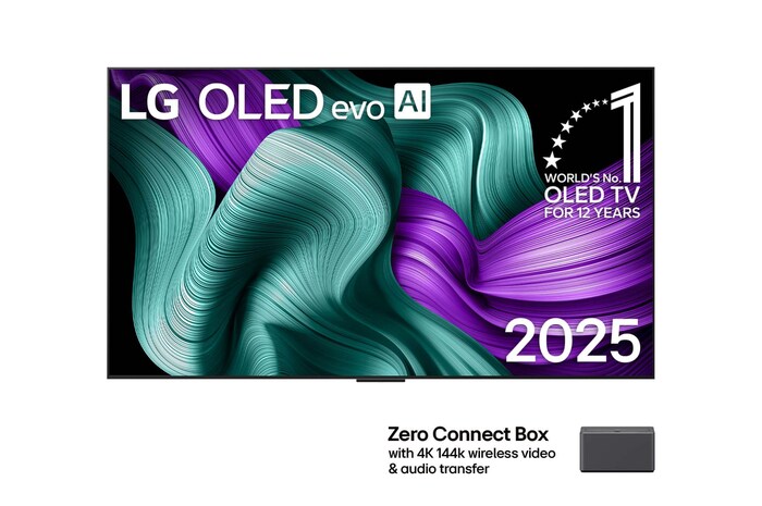 Вид спереди на телевизор LG OLED M5 TV. На экране показаны эмблема «12 лет №1 в мире среди OLED» и логотип LG OLED evo AI 2025. Приставка для нулевого подключения в углу с заголовком: Приставка для нулевого подключения с беспроводной передачей видео 144Hz 4K и аудио