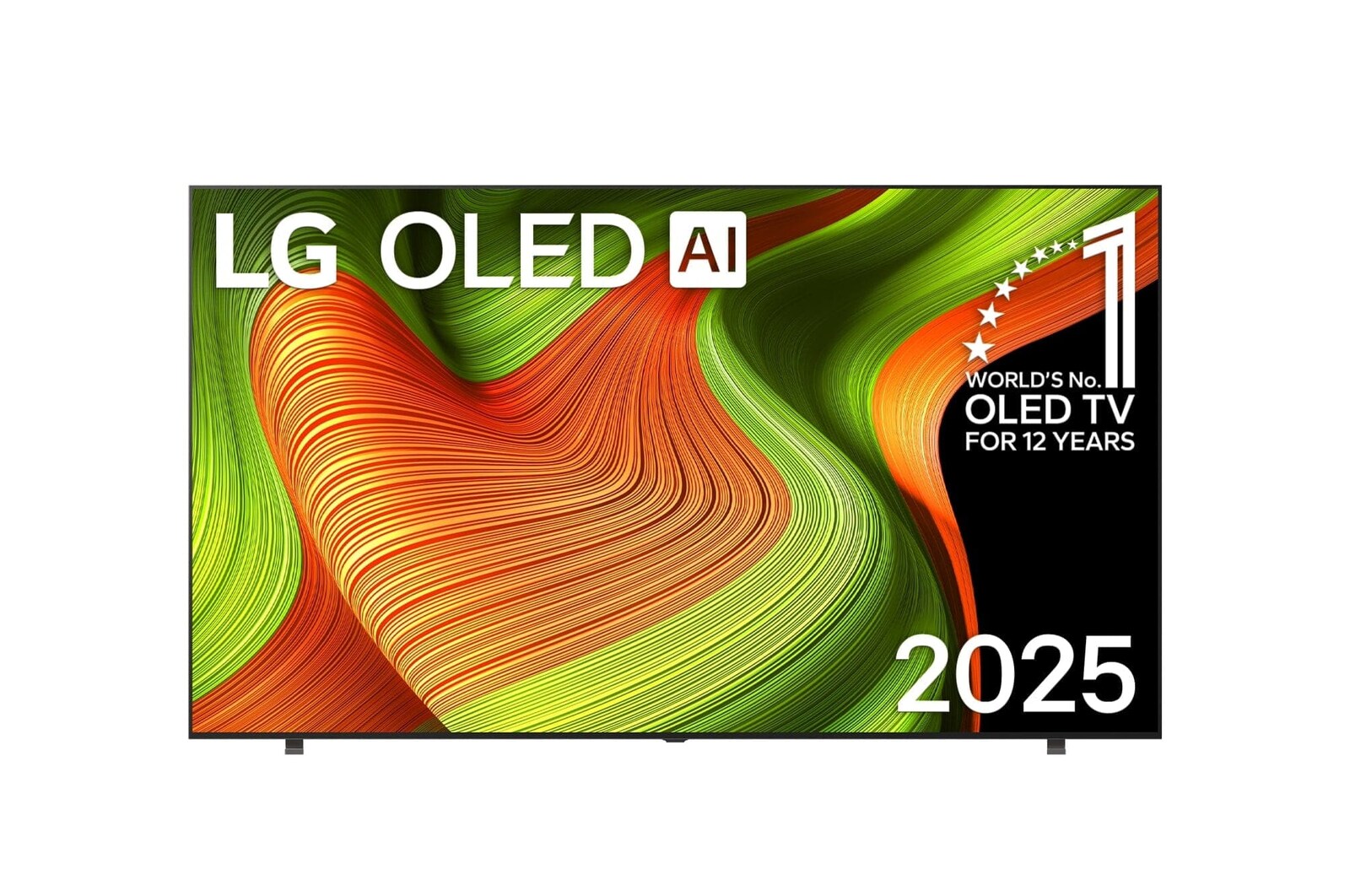 Передний вид телевизора Smart TV LG OLED AI B5 4K. На экране показаны эмблема «12 лет №1 в мире среди OLED» и логотип LG OLED AI 2025.