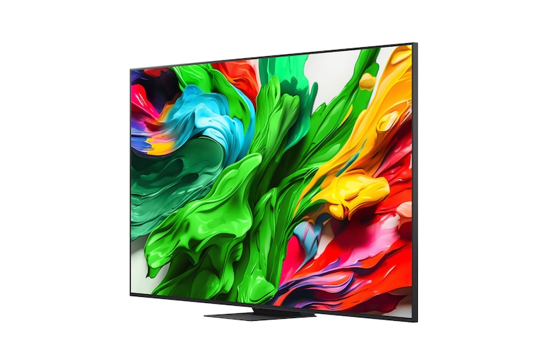 Вид спереди и сбоку на телевизор Smart TV LG QNED evo AI QNED85 4K с отображением его длины, ширины, высоты и глубины.