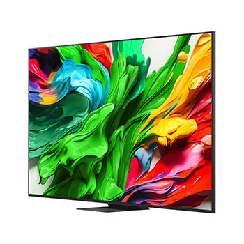 Вид спереди и сбоку на телевизор Smart TV LG QNED evo AI QNED85 4K с отображением его длины, ширины, высоты и глубины.