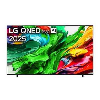 Вид спереди на телевизор LG QNED evo QNED85, логотип LG QNED evo Al в верхнем углу. Телевизор LG QNED evo QNED85 отображает красочные текстуры, напоминающие мазки краски, сливающиеся воедино.