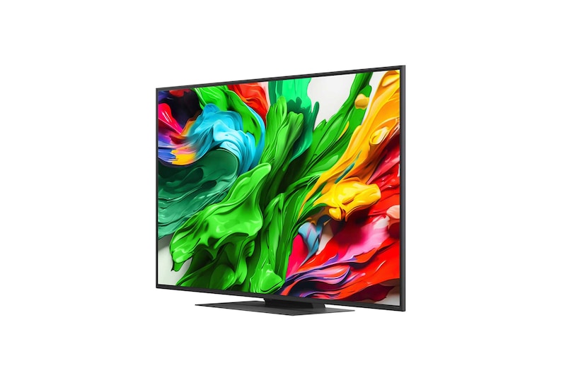 Вид спереди и сбоку на телевизор Smart TV LG QNED evo AI QNED85 4K с отображением его длины, ширины, высоты и глубины.