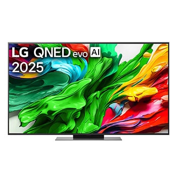 Вид спереди на телевизор LG QNED evo QNED85, логотип LG QNED evo Al в верхнем углу. Телевизор LG QNED evo QNED85 отображает красочные текстуры, напоминающие мазки краски, сливающиеся воедино.