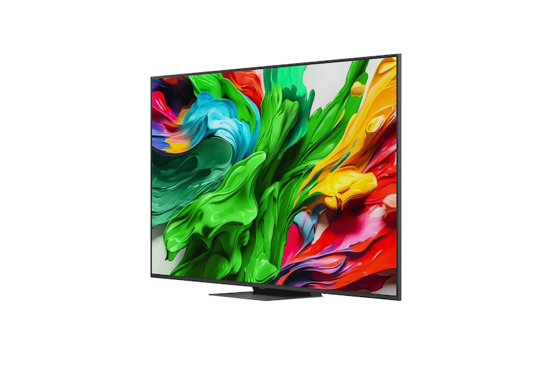 Вид спереди и сбоку на телевизор Smart TV LG QNED evo AI QNED85 4K с отображением его длины, ширины, высоты и глубины.