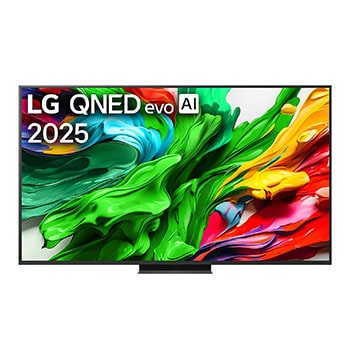Вид спереди на телевизор LG QNED evo QNED85, логотип LG QNED evo Al в верхнем углу. Телевизор LG QNED evo QNED85 отображает красочные текстуры, напоминающие мазки краски, сливающиеся воедино.