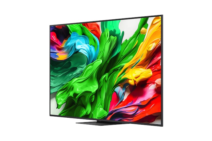 Вид спереди и сбоку на телевизор Smart TV LG QNED evo AI QNED85 4K с отображением его длины, ширины, высоты и глубины.