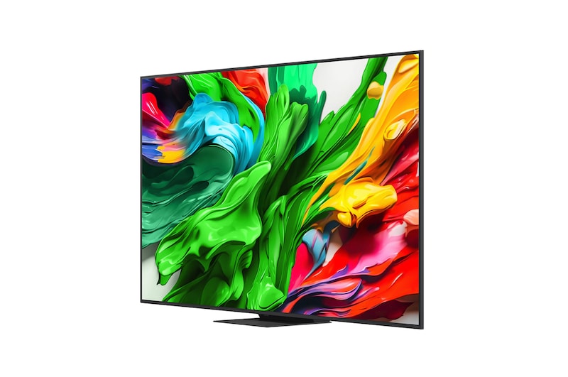 Вид спереди и сбоку на телевизор Smart TV LG QNED evo AI QNED85 4K с отображением его длины, ширины, высоты и глубины.