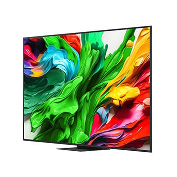 Вид спереди и сбоку на телевизор Smart TV LG QNED evo AI QNED85 4K с отображением его длины, ширины, высоты и глубины.