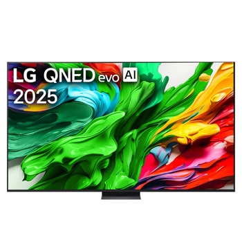 Вид спереди на телевизор LG QNED evo QNED85, логотип LG QNED evo Al в верхнем углу. Телевизор LG QNED evo QNED85 отображает красочные текстуры, напоминающие мазки краски, сливающиеся воедино.