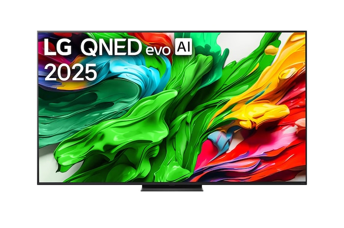 Вид спереди на телевизор LG QNED evo QNED85, логотип LG QNED evo Al в верхнем углу. Телевизор LG QNED evo QNED85 отображает красочные текстуры, напоминающие мазки краски, сливающиеся воедино.