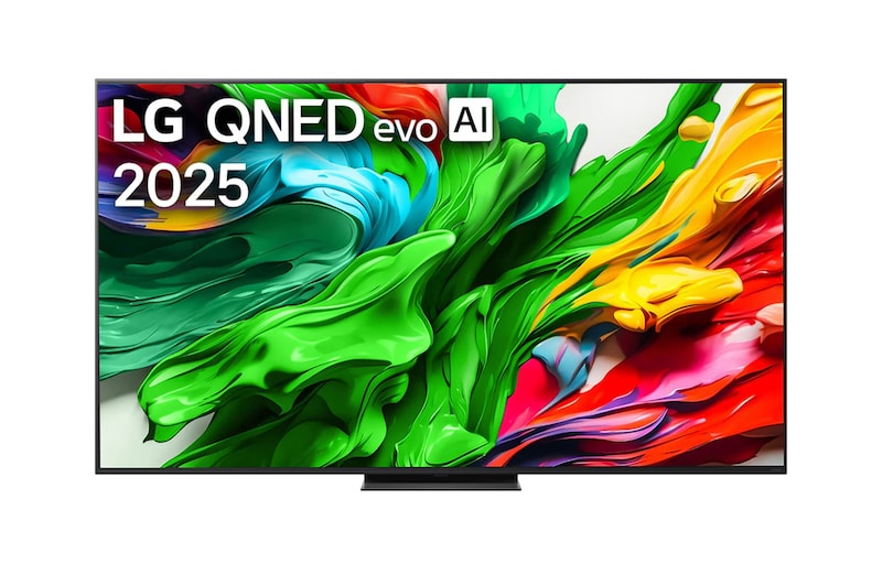 Вид спереди на телевизор LG QNED evo QNED85, логотип LG QNED evo Al в верхнем углу. Телевизор LG QNED evo QNED85 отображает красочные текстуры, напоминающие мазки краски, сливающиеся воедино.