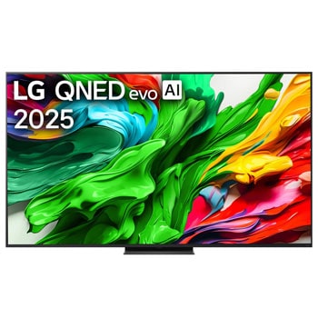 Вид спереди на телевизор LG QNED evo QNED85, логотип LG QNED evo Al в верхнем углу. Телевизор LG QNED evo QNED85 отображает красочные текстуры, напоминающие мазки краски, сливающиеся воедино.