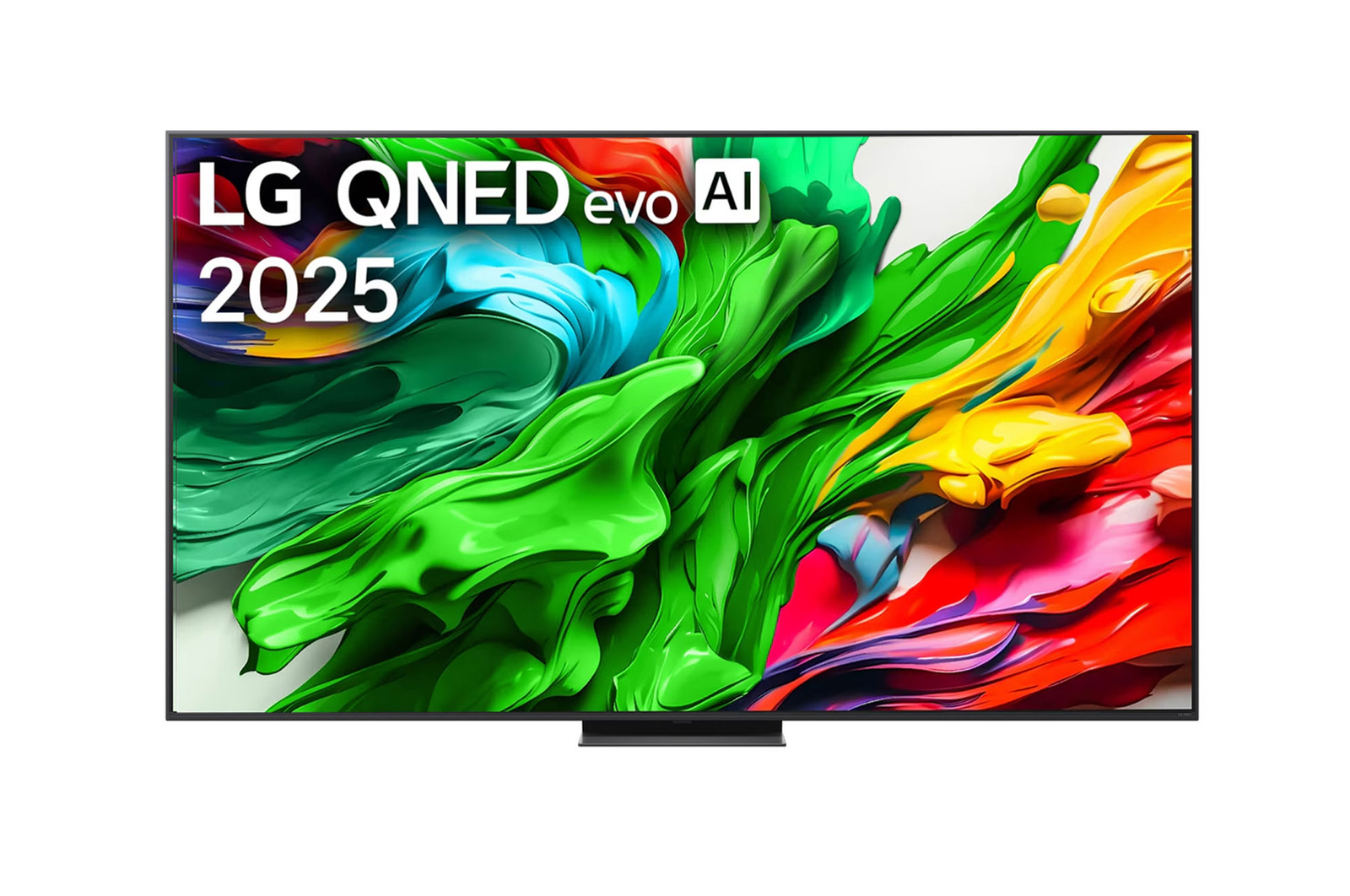 Вид спереди на телевизор LG QNED evo QNED85, логотип LG QNED evo Al в верхнем углу. Телевизор LG QNED evo QNED85 отображает красочные текстуры, напоминающие мазки краски, сливающиеся воедино.