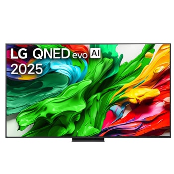 Вид спереди на телевизор LG QNED evo QNED85, логотип LG QNED evo Al в верхнем углу. Телевизор LG QNED evo QNED85 отображает красочные текстуры, напоминающие мазки краски, сливающиеся воедино.