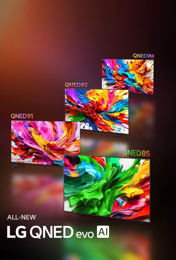 Телевизоры LG QNED92 и LG QNED85 расположены рядом. Цветные картинки на экранах телевизоров демонстрируют новую технологию LG QNED для воспроизведения ярких и впечатляющих цветов. Показан также логотип АБСОЛЮТНО НОВОГО LG QNED evo AI.