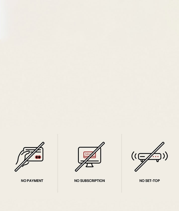 Три разные иконки, показывающие как можно использовать LG Channels без подписок, оплаты или установки каких-либо периферийных ресиверов. 