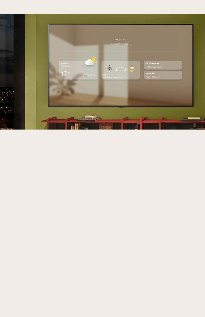 Информационная панель показана на установленном на стене телевизоре LG TV. Показаны различные функции: обновления погоды, напоминания о спортивных событиях, запланированные просмотры телепрограмм, Home Hub и календарь Google.