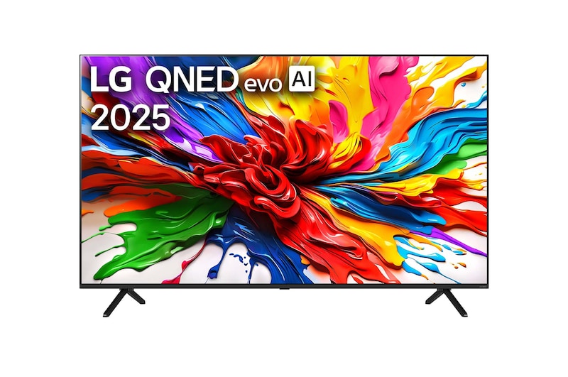 Вид спереди на телевизор LG QNED evo QNED92, логотип LG QNED evo Al в верхнем углу. LG QNED evo TV отображает красочные текстуры, напоминающие мазки краски, сливающиеся воедино.