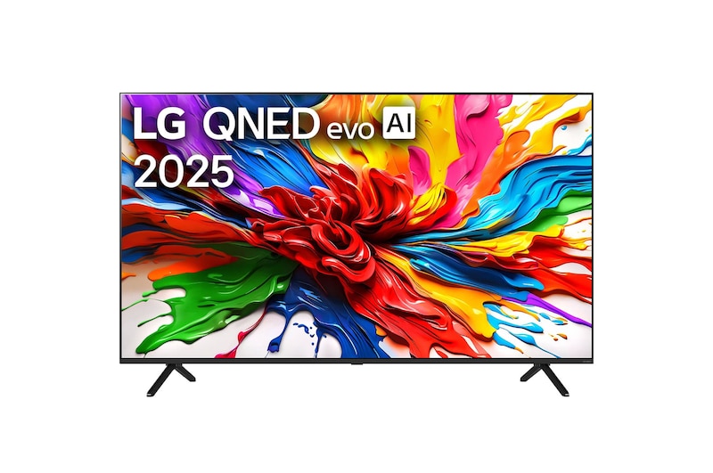 Вид спереди на телевизор LG QNED evo QNED92, логотип LG QNED evo Al в верхнем углу. LG QNED evo TV отображает красочные текстуры, напоминающие мазки краски, сливающиеся воедино.