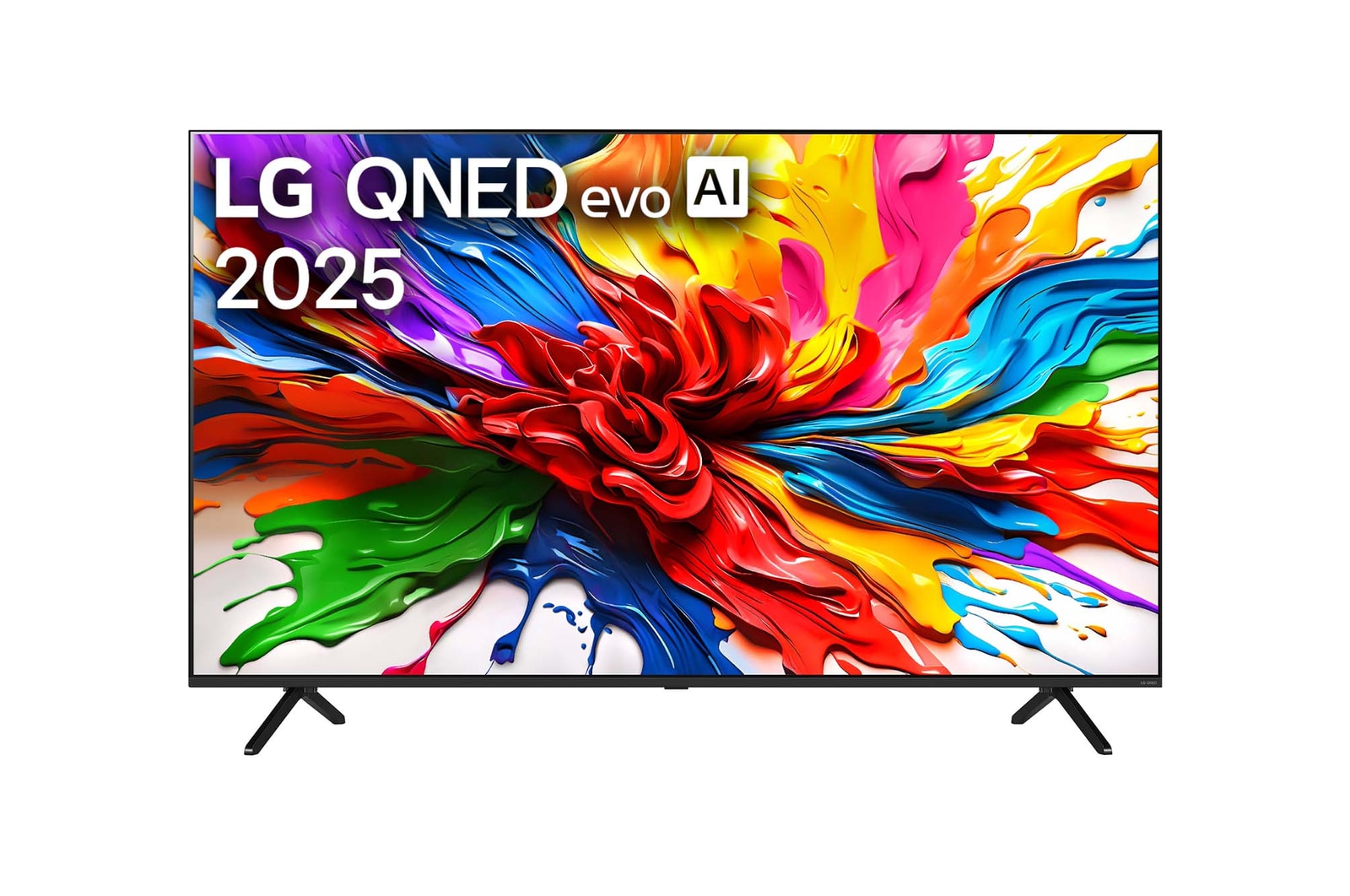 Вид спереди на телевизор LG QNED evo QNED92, логотип LG QNED evo Al в верхнем углу. LG QNED evo TV отображает красочные текстуры, напоминающие мазки краски, сливающиеся воедино.