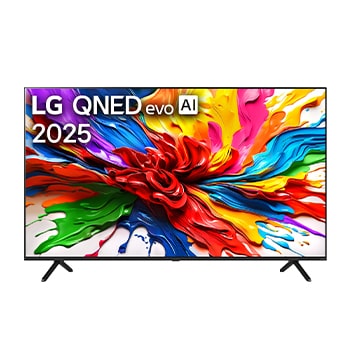 Вид спереди на телевизор LG QNED evo QNED92, логотип LG QNED evo Al в верхнем углу. LG QNED evo TV отображает красочные текстуры, напоминающие мазки краски, сливающиеся воедино.