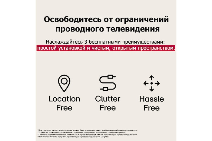 Three icons that represent the 3 Free benefits from LG True Wireless TV. Location-free, clutter-free, hassle-free. Text talks about breaking free from the limits of wired TV and enjoying an effortless setup and clean, open space.